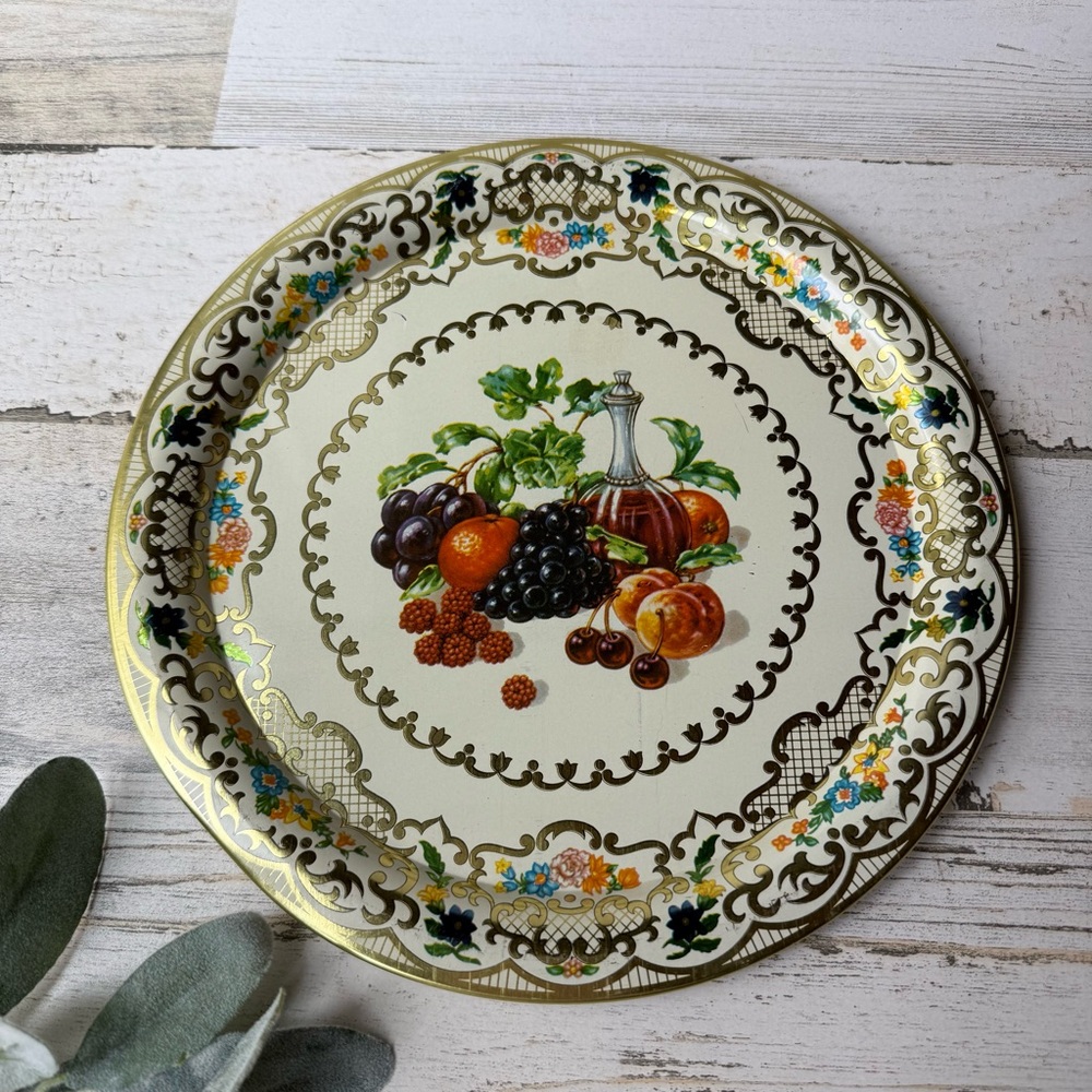 Vintage Daher Decorated Ware Tin Fruits And Wine 825 Serving Tray England